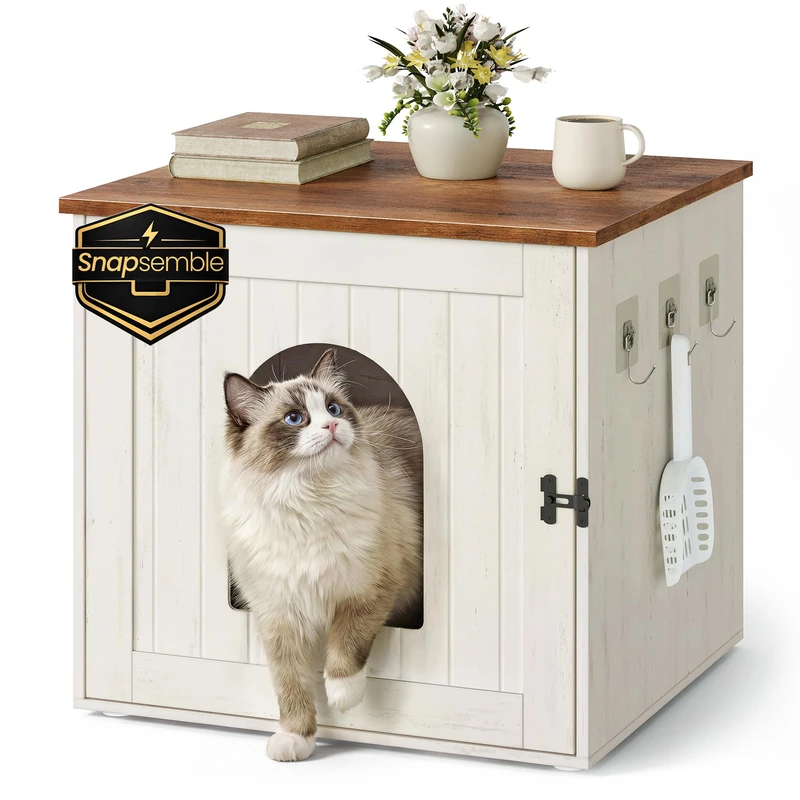SONGMICS HOME Litter Box Enclosure, Snapsemble Superfast Assembly, Cat Litter Box Cabinet, Cat Washroom with Hooks, 55 x 50 x 50 cm, Rustic White and Honey Brown PCL234WJ02