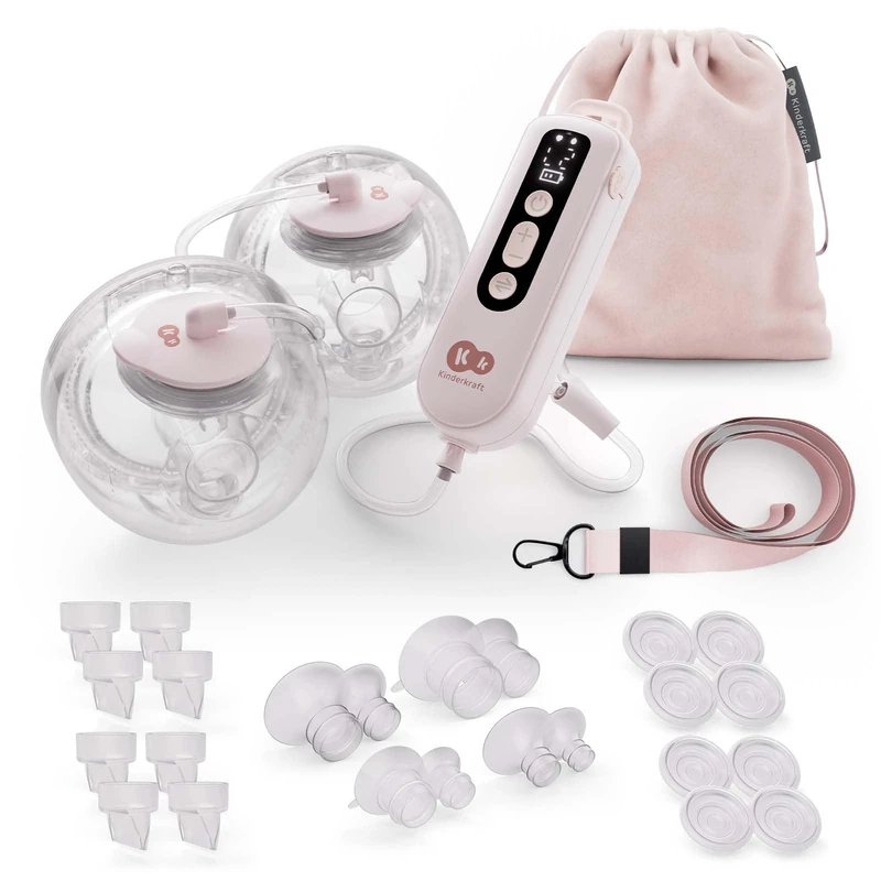 Kinderkraft GENTLEFLOW Double Electric Breast Pump, 3 Modes, 9 Suction Levels, Single or Double Pumping, 5 Flange Sizes 17–27 mm, 180 ml Bottles, 1800 mAh Battery, USB-C Charging, Pink