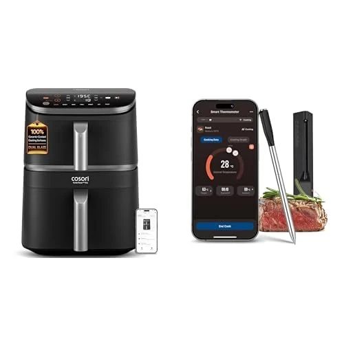 COSORI Turbo Tower Pro Dual Air Fryer and Wireless Meat Thermometer, 10.8L Ceramic Coating, Stacked Space-Saving Design, DualBlaze Even Heat Tech, Thermometer for Air Fryer Grill Kitchen and Oven