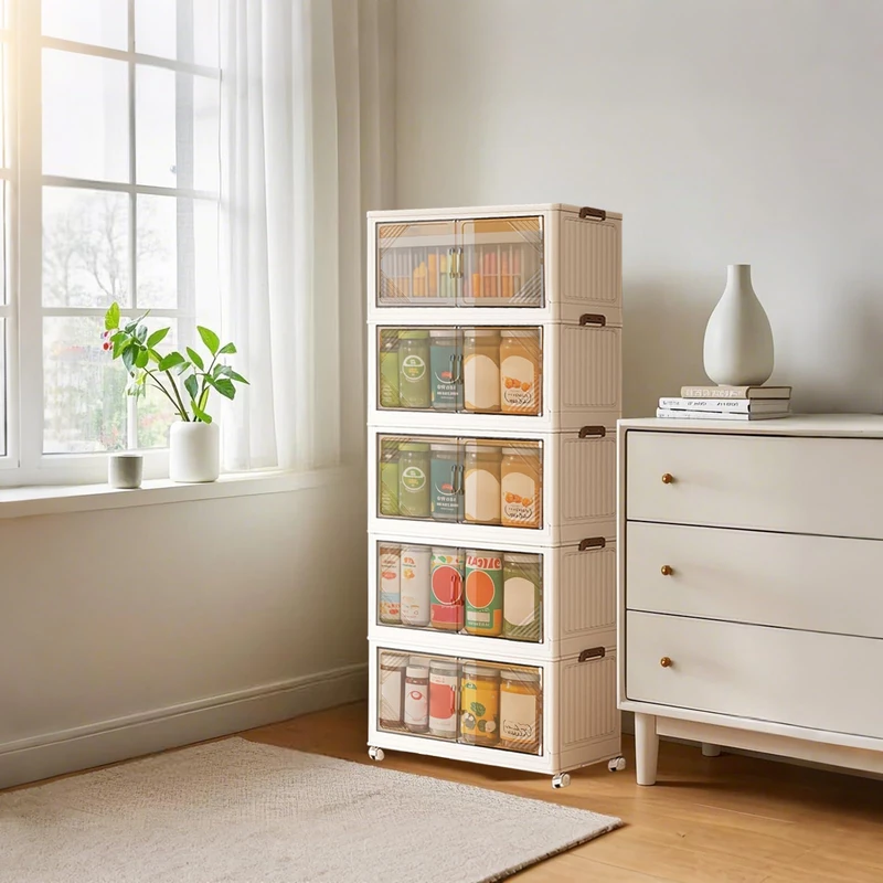 GarveeHome Foldable Shoe Storage Box with Lid, Large Capacity Stackable Storage Bins with Wheels, Freestanding Collapsible Shoes Cabinet Closet Organizer Containers