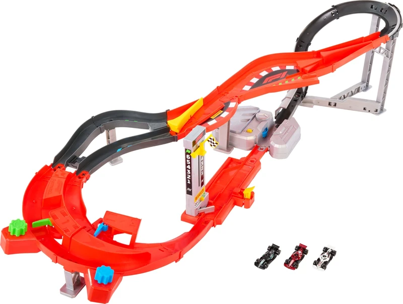 Hot Wheels Racing Formula 1 Toy Car Track Set, Downhill Circuit Race, 3 F1 Racecars, Manual Boost Kickers, Motorized Booster, Head-to-Head Competition, JMC90