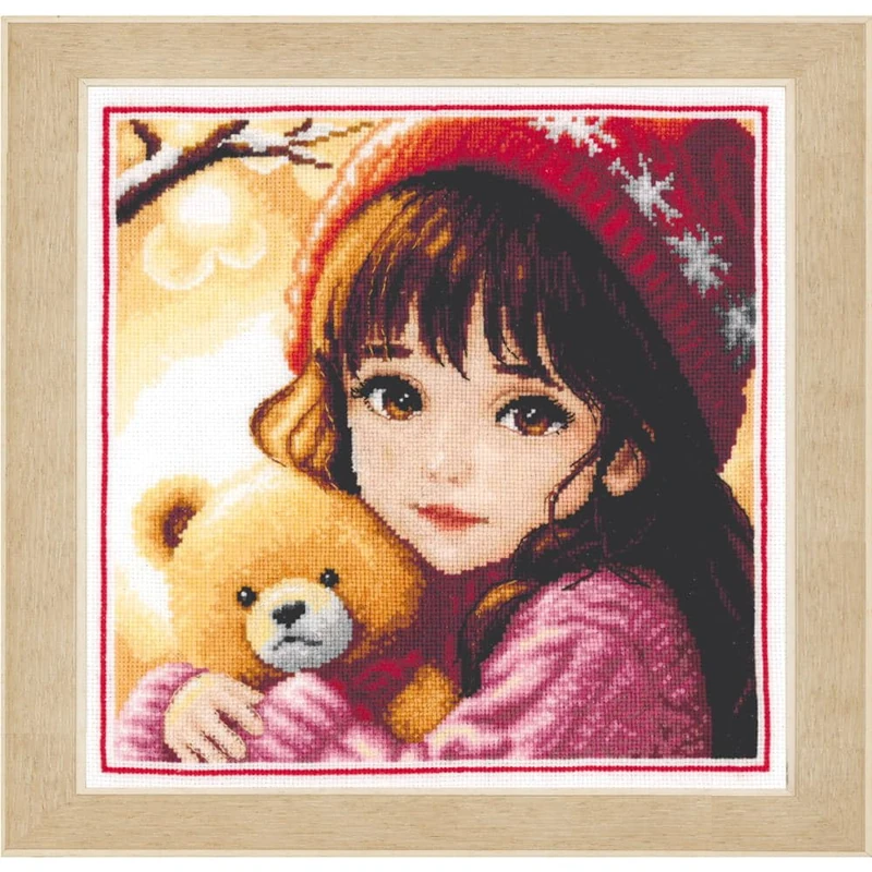 VERVACO Counted Cross Stitch Kit Girl with Bear Decorative for Walls Approx. 21 x 21 cm DIY Creative Adults Embroidery Home Decor Wall Art Kit for Hobby Cross Stitch