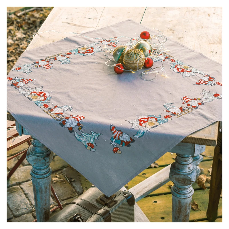 VERVACO Embroidery Cross Stitch Kit Pre-Printed Tablecloths Gnomes Table Linen Set DIY Creative Approx. 72 x 72 cm Kit Hobby Creative Adults Home Decor Cross Stitch Embroidery