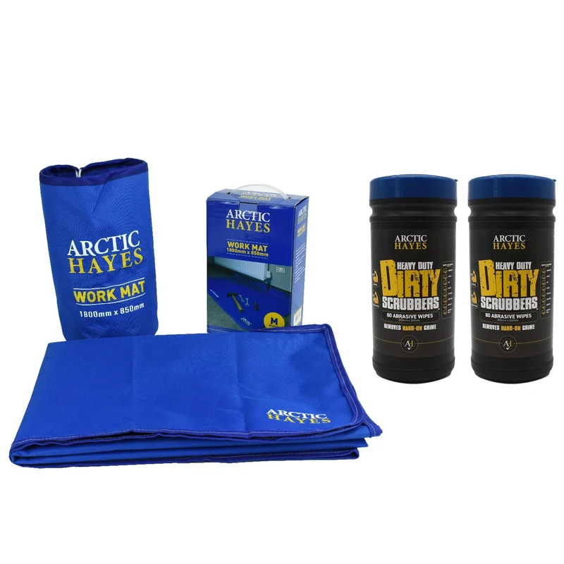 Arctic Hayes Medium Work Mat, 1800mm x 850mm, and 2 Tubs of Dirty Scrubbers, industrial cleaning wipes (160 Wipes)