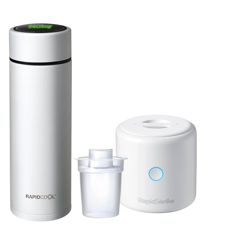 Nuby Rapid Cool & Sterilise Portable Bottle Making Kit – Includes RapidCool & RapidSterilise - Formula Feed in 2 Minutes | UV Steriliser | Kills 99.9% of Bacteria in 1 Minute (White)