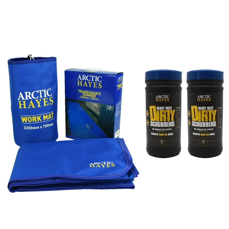 Arctic Hayes Runner Work Mat, 3200mm x 700mm, and 2 Tubs of Dirty Scrubbers, industrial cleaning wipes (160 Wipes)
