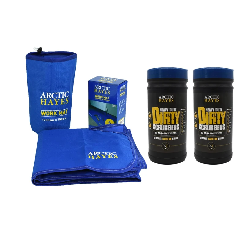 Arctic Hayes Small Work Mat, 1200mm x 750mm, and 2 Tubs of Dirty Scrubbers, industrial cleaning wipes (160 Wipes)