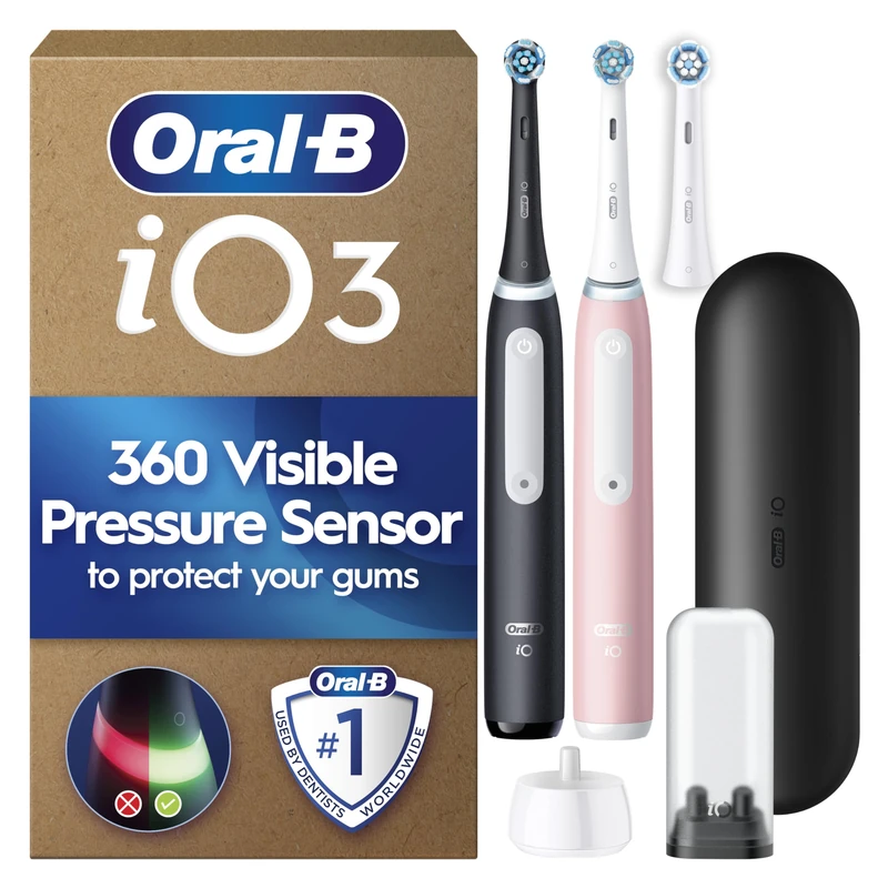 Oral-B iO 3 Electric Toothbrush | 2-Pack for Couples or Family | Matt Black & Blush Pink | 3 Brush Heads | Long-Lasting Battery | Travel Case | Brush Head Holder