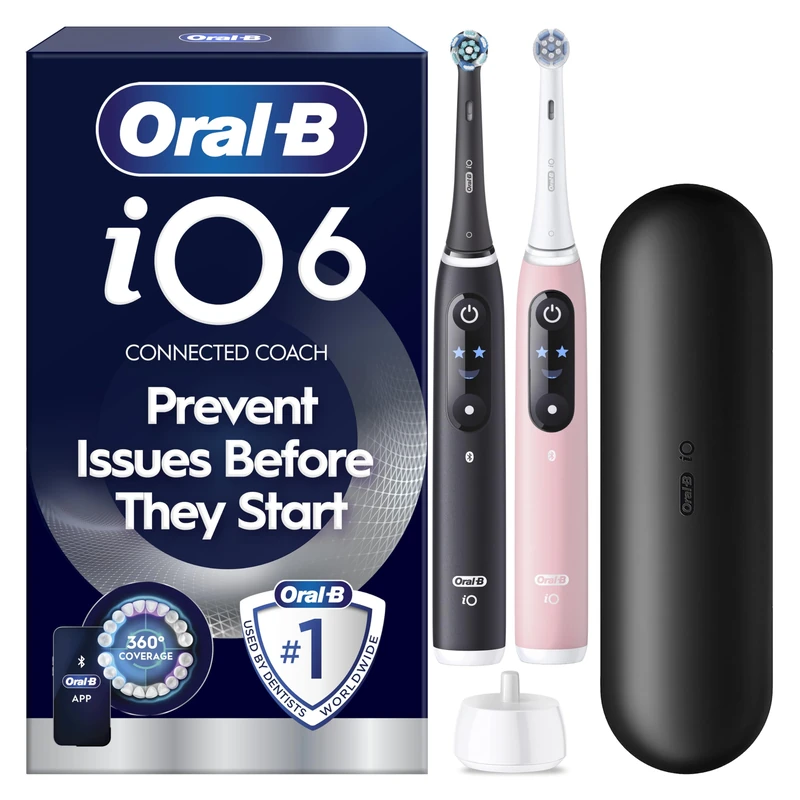 Oral-B iO 6 Electric Toothbrush | 2-Pack for Couples or Family | Black Lava & Pink Sand | 2 Brush Heads | Long-Lasting Battery | Premium Travel Case