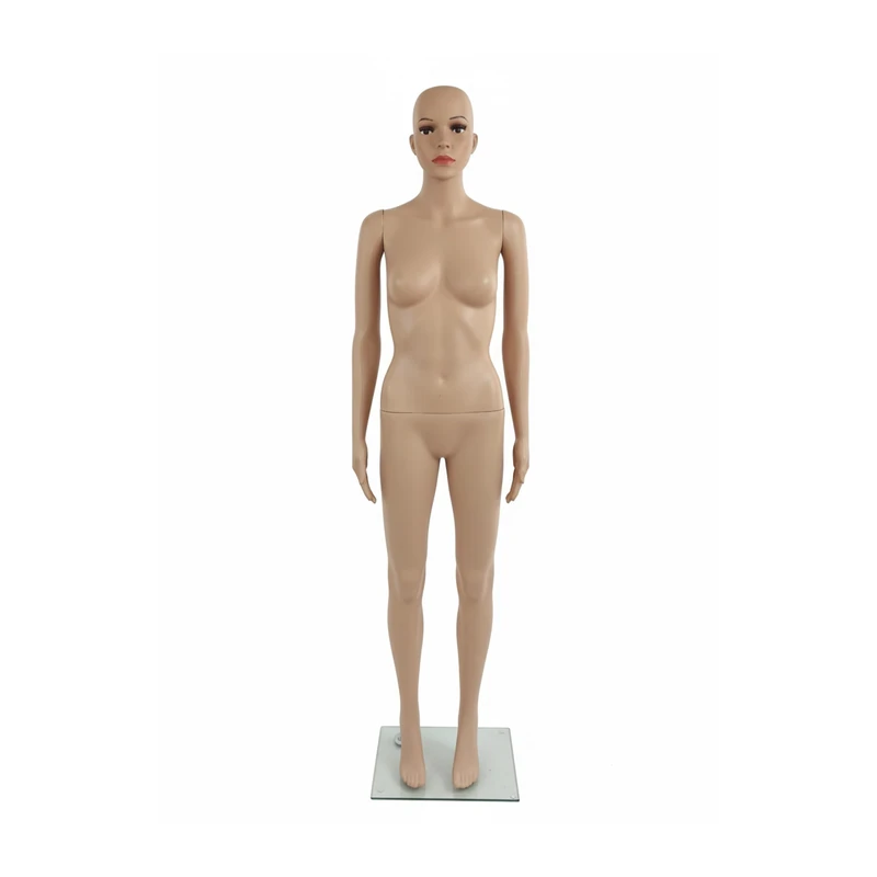 Relaxdays Female Mannequin, Life-Size 175cm, Movable Head & Arms, Dress Form with Glass Base, Beige (175x42x30 cm) - Image 1