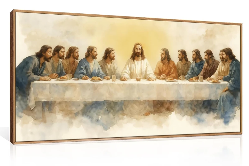 FWIEXA Jesus Last Supper Canvas Wall Art, Framed Christian Decor Painting, Religious Boho Prints, Bible Watercolor Artwork, 20x40In Verse Scripture Pictures for Living Room,Bedroom,Prayer Room