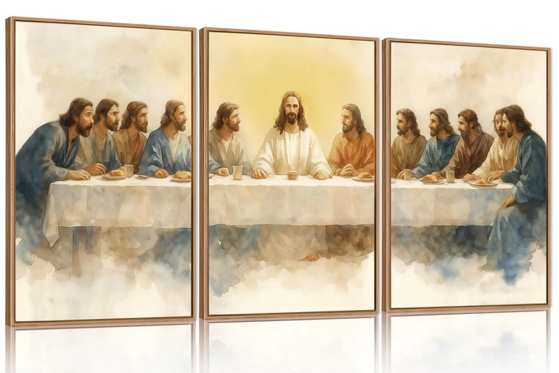 FWIEXA Jesus Last Supper Canvas Wall Art Set 3, Framed Christian Decor Painting, Religious Boho Prints, Bible Watercolor Artwork, 16x24In Verse Scripture Pictures for Living Room,Bedroom,Prayer Room
