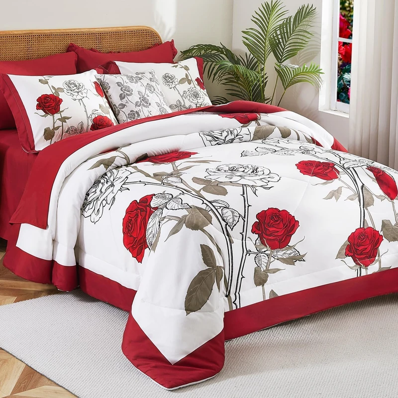 EVENHUG Queen Comforter Set 7 Pieces Reversible Queen Size Comforters for All Season Red Rose Floral Bedding Sets Bed in a Bag with Flat Sheet and Fitted Sheet,Pillowcases & Shams