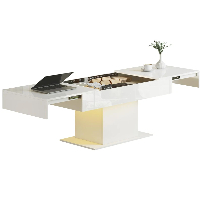 HOMCOM Extendable Coffee Table with LED Lights, Modern High Gloss Living Room Table with Hidden Storage and Remote Control, White