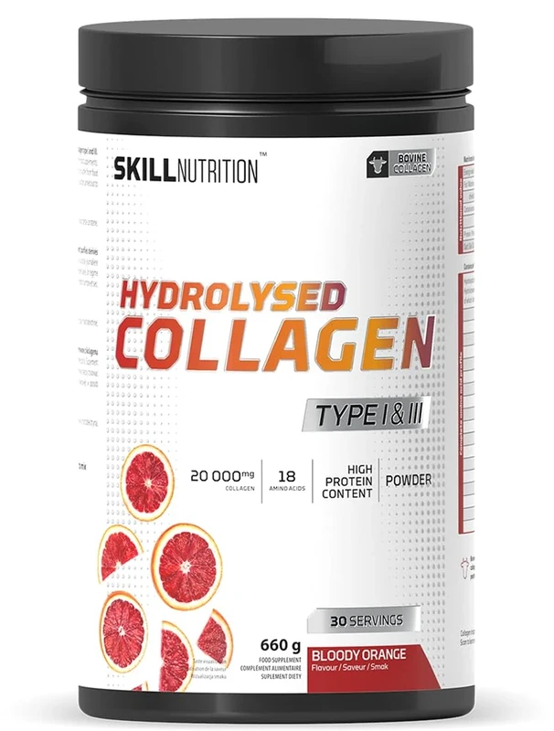 Skill Nutrition Hydrolysed Collagen Type I & III | Bloody Orange Flavor | Highly Bioavailable Collagen Peptides | 18 Amino Acids: Rich in Glycine, Proline & Hydroxyproline | High Protein Content