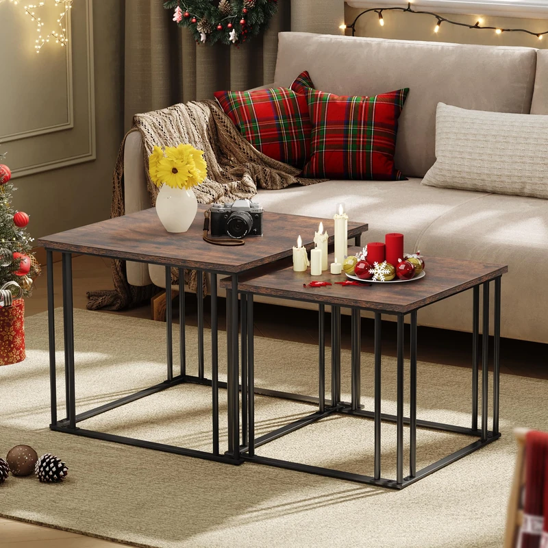 YITAHOME Coffee Table Set of 2, Wooden Living Room Nesting Tables, Modern Farmhouse Cocktail Side Table with Metal Frame for Living Room, Dining Room, Kitchen, Rustic Brown