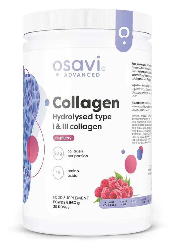 Osavi Collagen Peptides, Hydrolyzed Type 1 & 3 – Powder 600g | 20g Collagen per Serving | 18 Amino Acids, Including Glycine, Proline | Supports Muscles and Bones | Raspberry Flavour | Easily Soluble