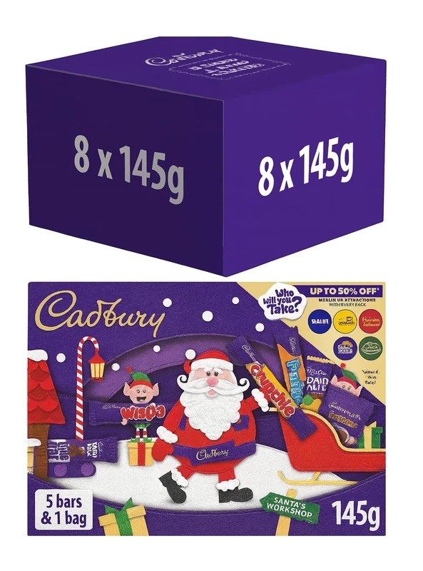 Cadbury Chocolate Selection Box 145g (Box of 8) Festive Chocolate Selection Box, Perfect Stocking Filler Gift, Includes 5 Bars & 1 Bag Medium Selection Box Great Stocking Filler, Office Gift Parties