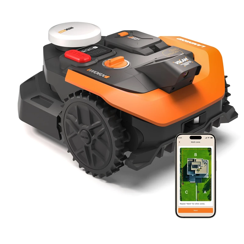 WORX Landroid Vision Cloud WR303E 2WD Robotic Lawnmower without Boundary Cable for 300 m² (AI Obstacle Detection, VSLAM+ RTK Cloud Navigation, Auto Mapping, App Control)