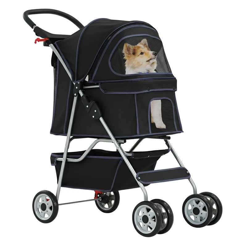 BestPet 4-Wheel Pet Stroller Dog and Cat Stroller Breathable Mesh Lightweight Travel Carrier Waterproof & Foldable Design Storage Basket for Daily Walks & Outdoor Use，Black