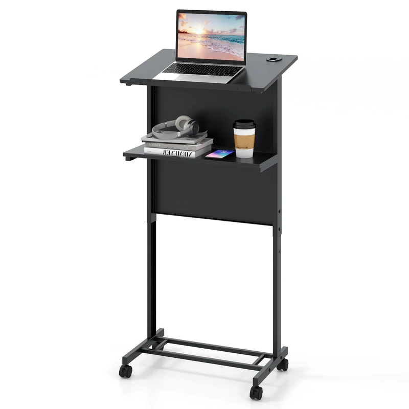 FANTASK Rollable Lectern, Mobile Standing Desk, Height Adjustable with Inclined Table Top & Shelf, Laptop Table, Lectern for Ceremonies, Classroom Lectures (Black)