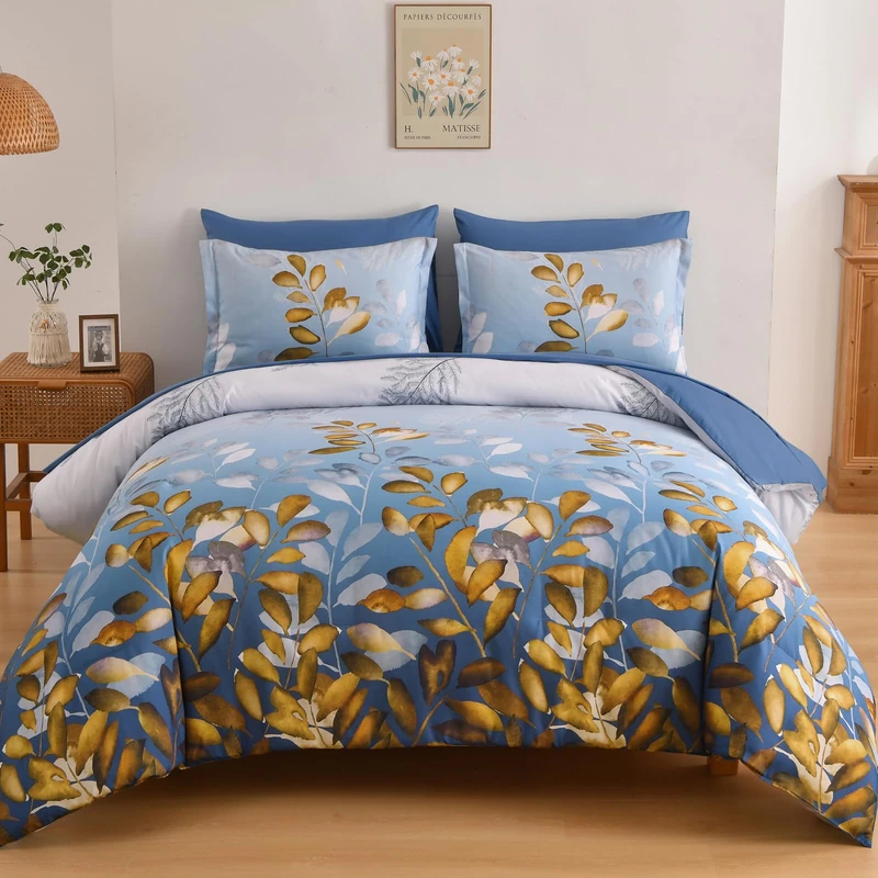 Anibedding Botanical Queen Comforter Set, Blue Gold Gradient Leaves