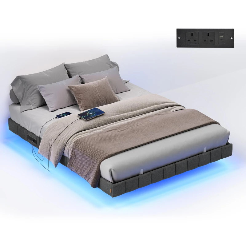 VASAGLE Double Floating Bed Frame 135 x 190 cm, Platform Bed with LED Lights and Charging Station, Padded Sides, 2 AC Outlets, 1 USB-A Port, 1 USB-C Port, Supports up to 500 kg, Slate Grey RMB166G101