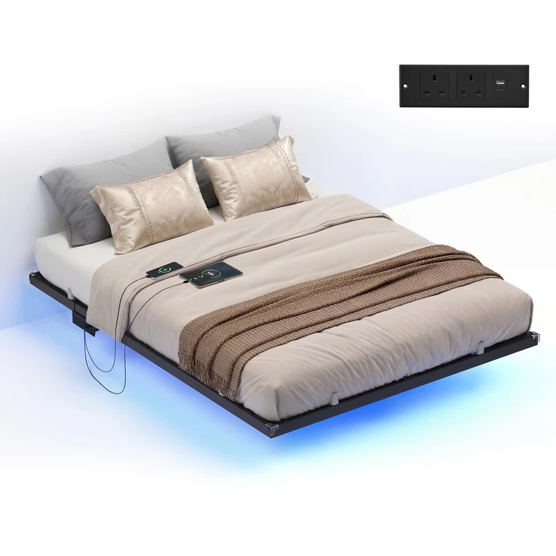 VASAGLE Double Floating Bed Frame 135 x 190 cm, Platform Bed with LED Lights and Movable Charging Station, 2 AC Outlets, 1 USB-A Port, 1 USB-C Port, Supports up to 500 kg, Ink Black RMB176B101