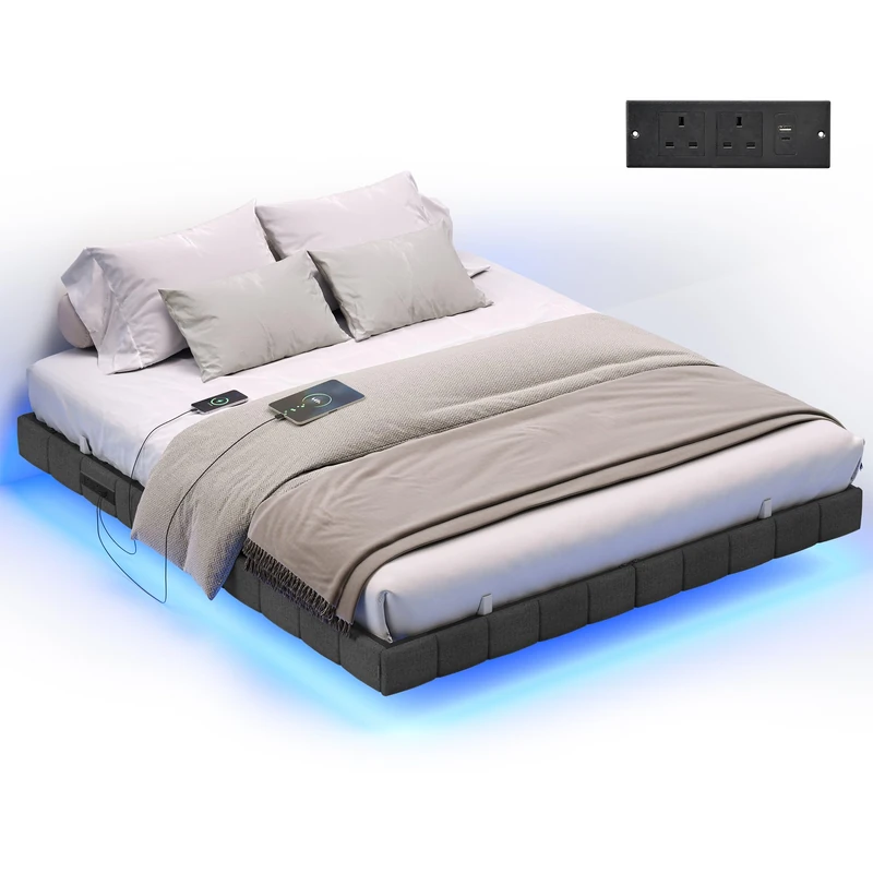VASAGLE King Floating Bed Frame 150 x 200 cm, Platform Bed with LED Lights and Charging Station, Padded Sides, 2 AC Outlets, 1 USB-A Port, 1 USB-C Port, Supports up to 500 kg, Slate Grey RMB167G101