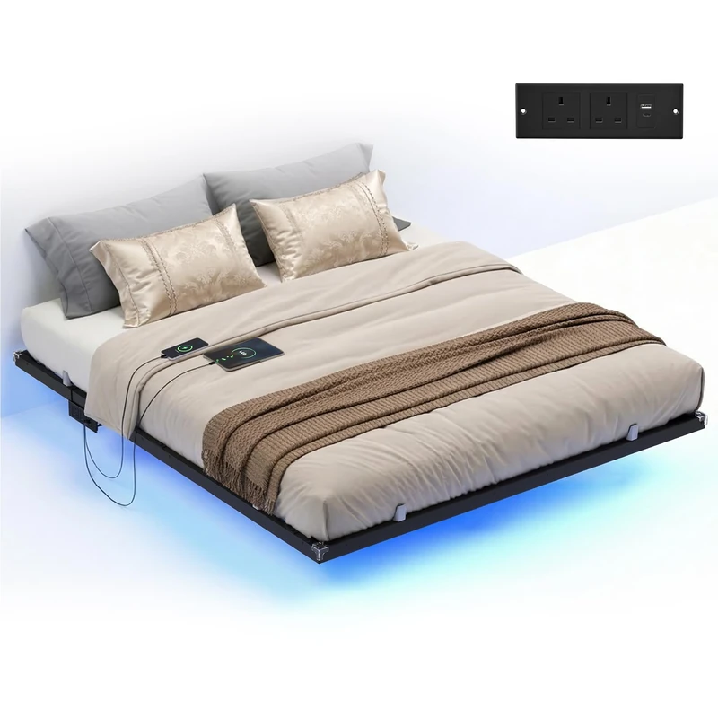 VASAGLE King Floating Bed Frame 150 x 200 cm, Platform Bed with LED Lights and Movable Charging Station, 2 AC Outlets, 1 USB-A Port, 1 USB-C Port, Supports up to 500 kg, Ink Black RMB177B101