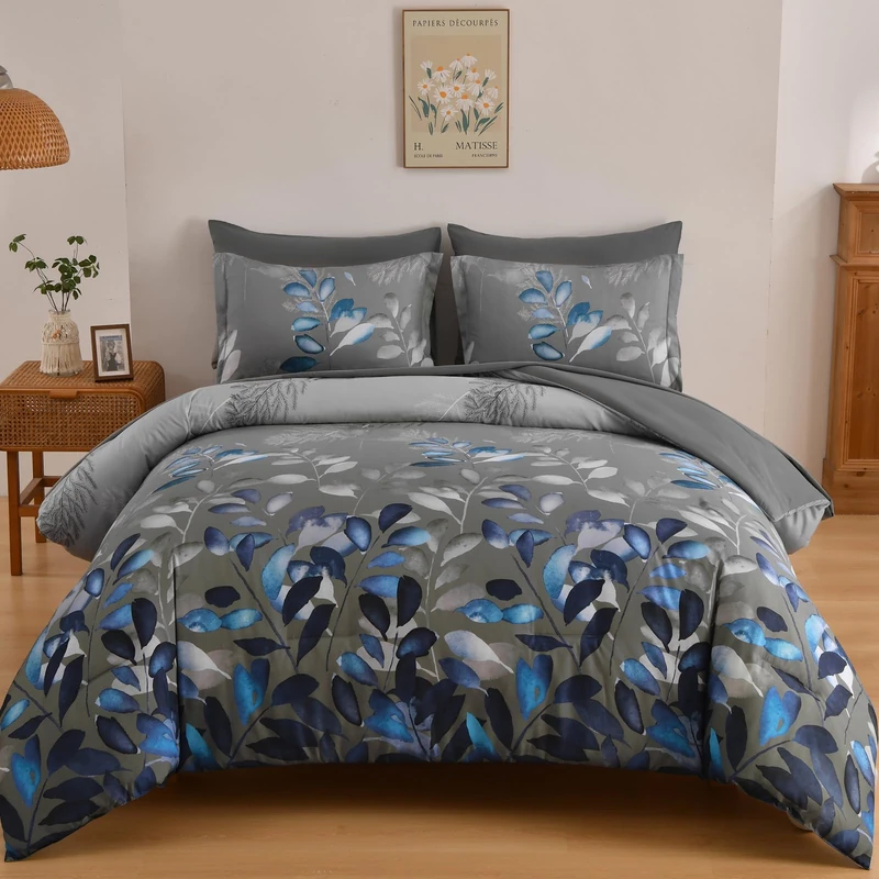 Anibedding Grey Blue King Size Comforter Set 7 Pieces for All Season