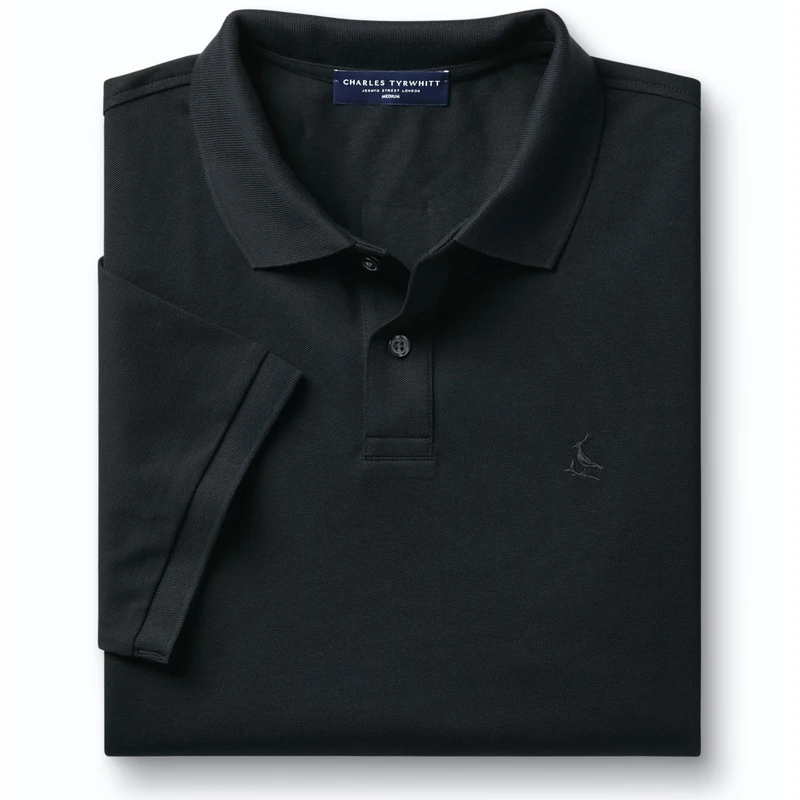 Charles Tyrwhitt Polo Shirts for Men - Smart Jersey Cotton Polo with Concealed Button-Down Collar - Breathable & Stylish T Shirt for Men UK - Classic & Modern Men's Polo-Shirts Short Sleeve Black - Image 1