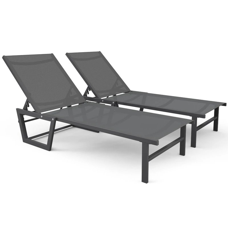 VOUNOT® Set of 2 Folding Sun Lounger Textilene Recline Chair, Garden 5-Level Adjustable Sunbed, Max Load 180KG, for Outdoor, Patio, Pool, Beach, Camping, Grey