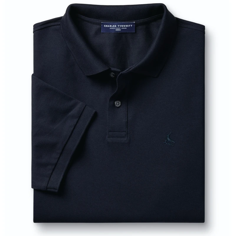 Charles Tyrwhitt Polo Shirts for Men - Smart Jersey Cotton Polo with Concealed Button-Down Collar - Breathable & Stylish T Shirt for Men UK - Classic & Modern Men's Polo-Shirts Short Sleeve Navy Blue
