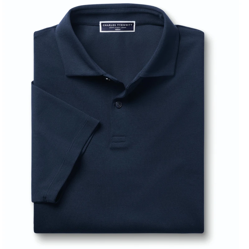 Charles Tyrwhitt Polo Shirts for Men - Smart Jersey Cotton Polo with Concealed Button-Down Collar - Breathable & Stylish T Shirt for Men UK - Classic & Modern Men's Polo-Shirts Short Sleeve Navy Blue - Image 1