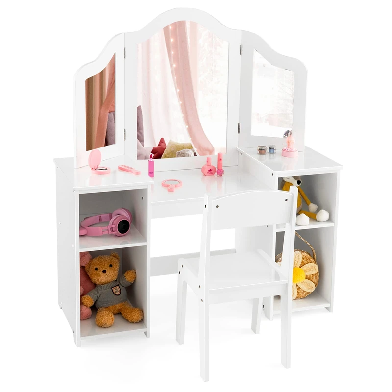GYMAX Kids Dressing Table and Chair Set, 2 in 1 Children Vanity Table with Tri-Folding Mirror and Storage Shelf, Wooden Girls Make-up Dresser for Bedroom (White, With Chair: 32 x 32 x 65 cm)