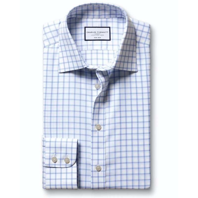 Charles Tyrwhitt Checked Shirts for Men - Non Iron with 100% Cotton Twill - Formal Dress Shirt for Work, Business & Weddings Sky
