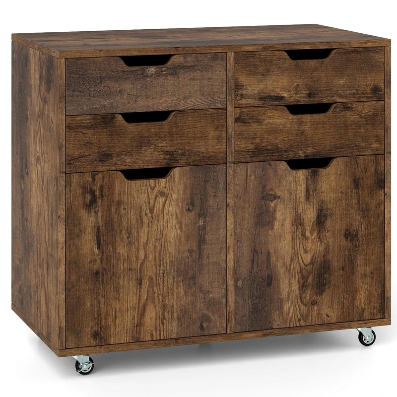 SFAREST Mobile File Cabinet with Drawers, Multifunctional Wooden Printer Stand with Door & Wheels, Stationery Rolling Filing Cabinet and Home Office Drawer Chest(Rustic Brown,4 Drawers+2 Doors)