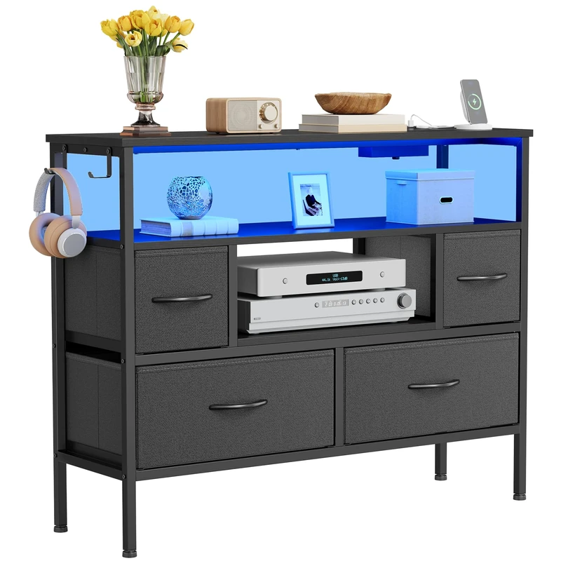 YITAHOME Fabric Drawers Cabinet with Power Outlets & LED Lights, Fabric Chest with 4 Drawers & 2 Hooks, Fits TVs up to 32 Inches, Chest of Drawers for Bedroom, Living Room, Home Office, Dark Grey