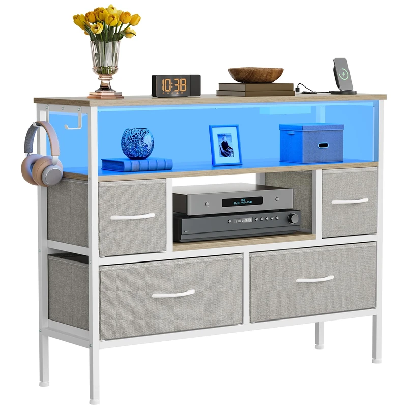 YITAHOME Fabric Drawers Cabinet with Power Outlets & LED Lights, Fabric Chest with 4 Drawers & 2 Hooks, Fits TVs up to 32 Inches, Chest of Drawers for Bedroom, Living Room, Home Office, Light Grey