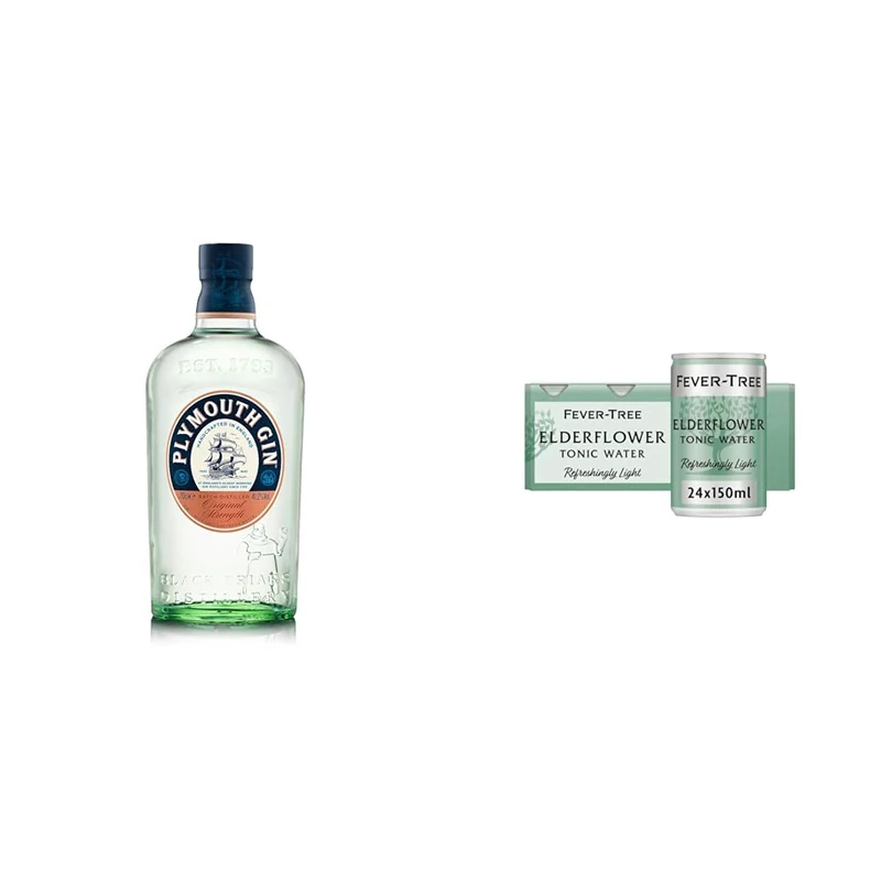 Plymouth Original Dry Gin 70cl & Fever-Tree Refreshingly Light Elderflower Tonic Water 150ml Cans (Pack of 24)