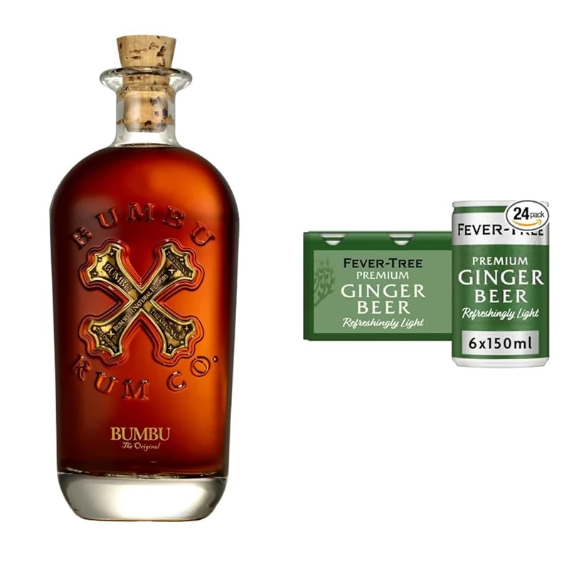 Dark and Stormy Cocktail Bundle: Bumbu Original Rum 70cl & Fever-Tree Refreshingly Light Ginger Beer 150ml Cans (Pack of 24)