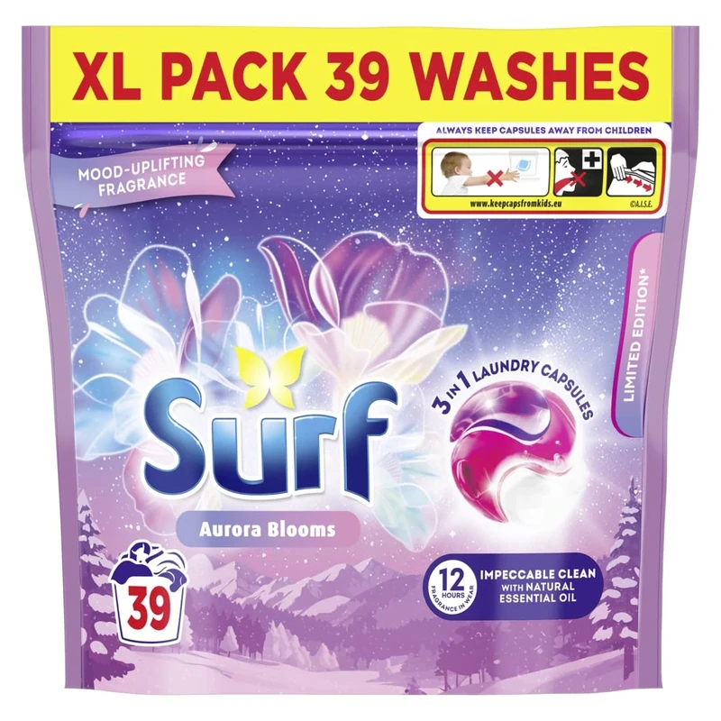 Surf 3 in 1 Aurora Blooms with a mood-uplifting 12-hour in-wear fragrance Laundry Capsules Impeccable clean with natural essential oil 39 washes - Multipack of 3