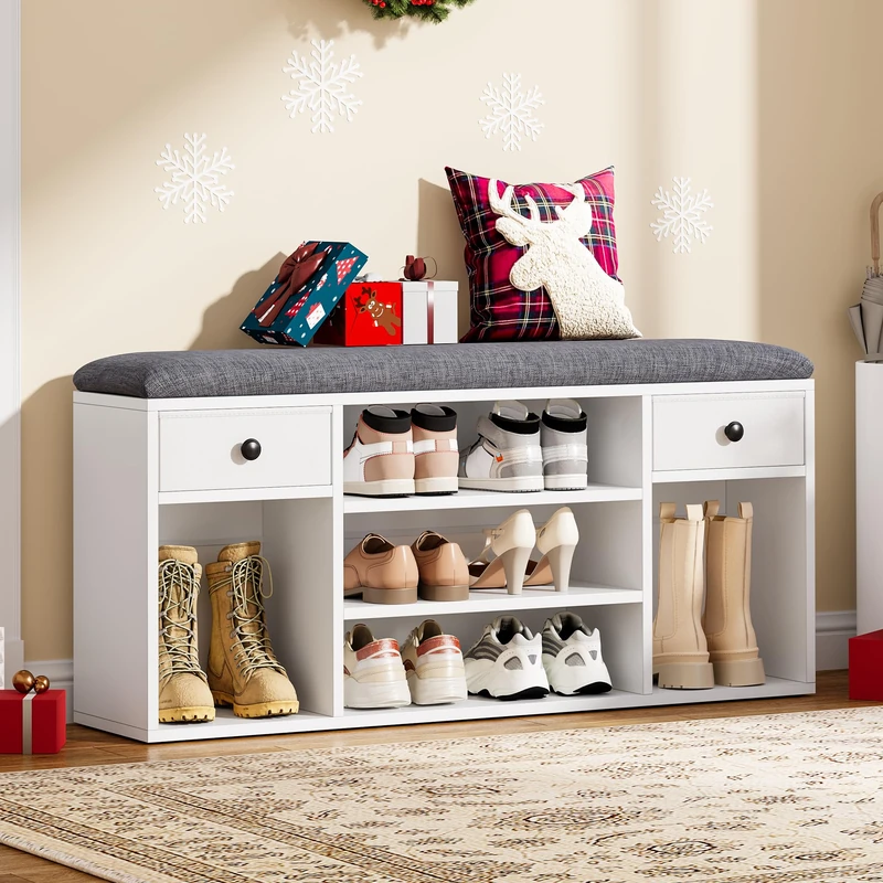 YITAHOME Shoe Bench, Storage Bench with Padded Seat, with Cushion, Shoe Storage Bench with 2 Fabric Drawer and Open Compartments, for Living Room, Hallway, White and Grey