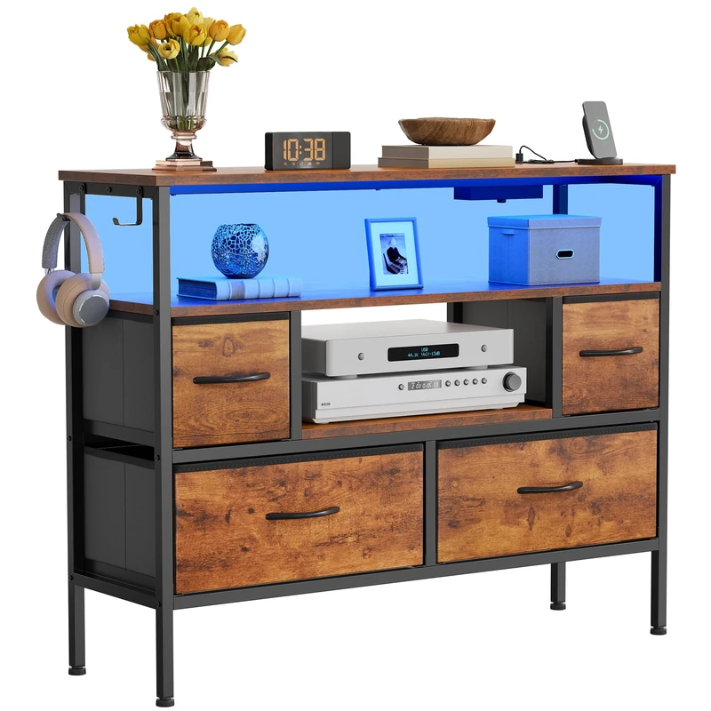 YITAHOME Fabric Drawers Cabinet with Power Outlets & LED Lights, Fabric Chest with 4 Drawers & 2 Hooks, Fits TVs up to 32 Inches, Chest of Drawers for Bedroom, Living Room, Home Office, Rustic Brown