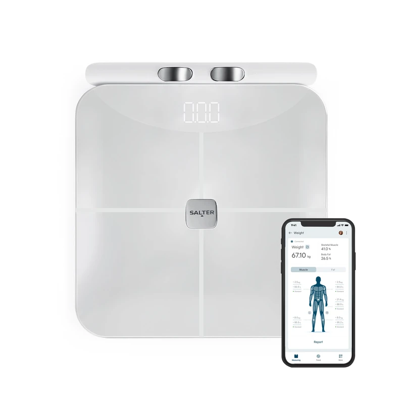 Salter Body Insight Smart Scale - Measure Weight, Body Fat, Muscle Mass, Bone Mass, BMI, 8 High-Precision Sensors, Hand-to-Foot Body Impedance Analysis, Salter Balance App, LED, 180kg Max, White - Image 1