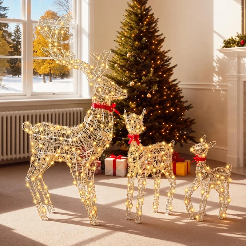 DWVO Light-Up Christmas Reindeer Set, 3-Piece LED Deer Family with RF Remote, 210 RGB LEDs, 89 Lighting Effects, Detachable Antlers & Neck, Pre-Lit Holiday Display for Home and Garden