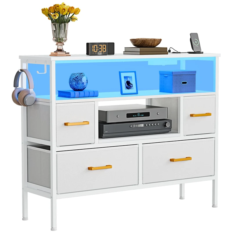 YITAHOME Fabric Drawers Cabinet with Power Outlets & LED Lights, Fabric Chest with 4 Drawers & 2 Hooks, Fits TVs up to 32 Inches, Chest of Drawers for Bedroom, Living Room, Home Office, White