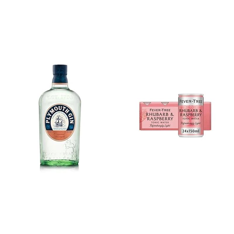 Plymouth Original Dry Gin 70cl & Fever-Tree Refreshingly Light Rhubarb & Raspberry Tonic Water 150ml Cans (Pack of 24)