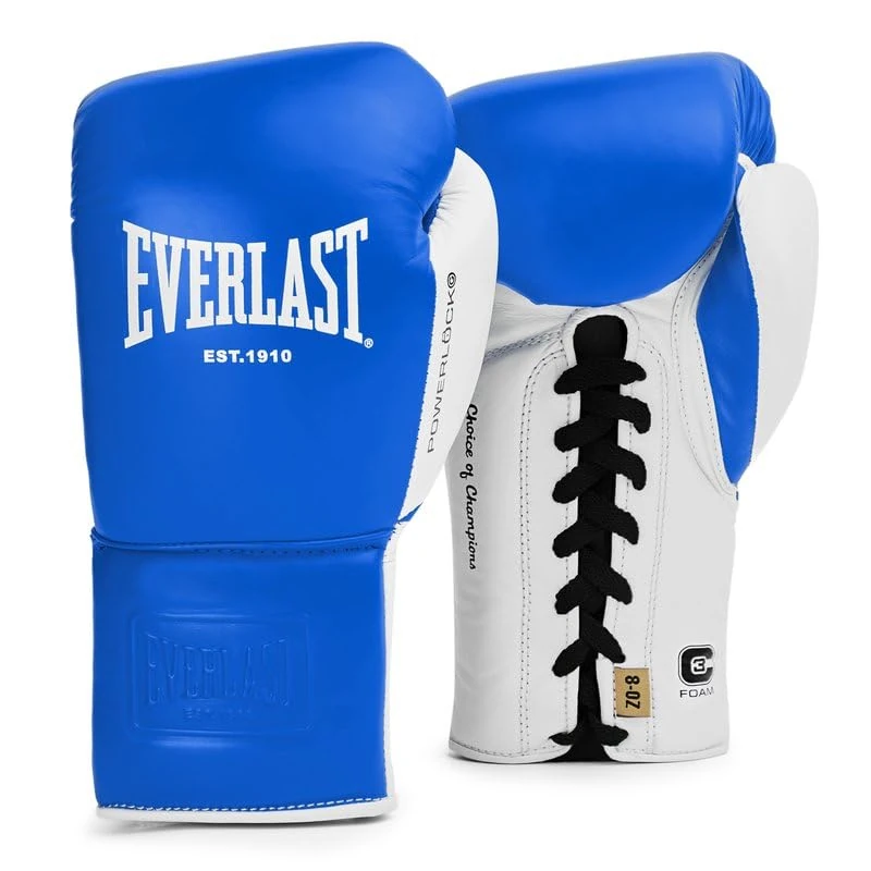 Everlast Powerlock OG Pro Fight 8oz Blue/White Lace-Up Gloves for Bags & Competition, Advanced Foam, Ergonomic Grip - Authentic Everlast